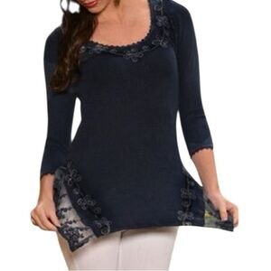 Inca Cotton Black Embroidered Lace Handkerchief Hem Tunic Sz 1X Lagenlook Boho
